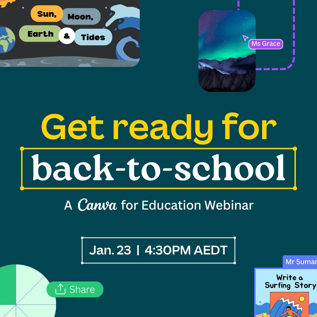 Australia, it's time to get back-to-school ready with Canva for Education🍎

Join us and learn how to use Canva to empower your teaching with resources, templates, and easy AI-powered tools.

👇Register for Jan. 23 | 4:30PM AEDT bit.ly/BackToSchool20…