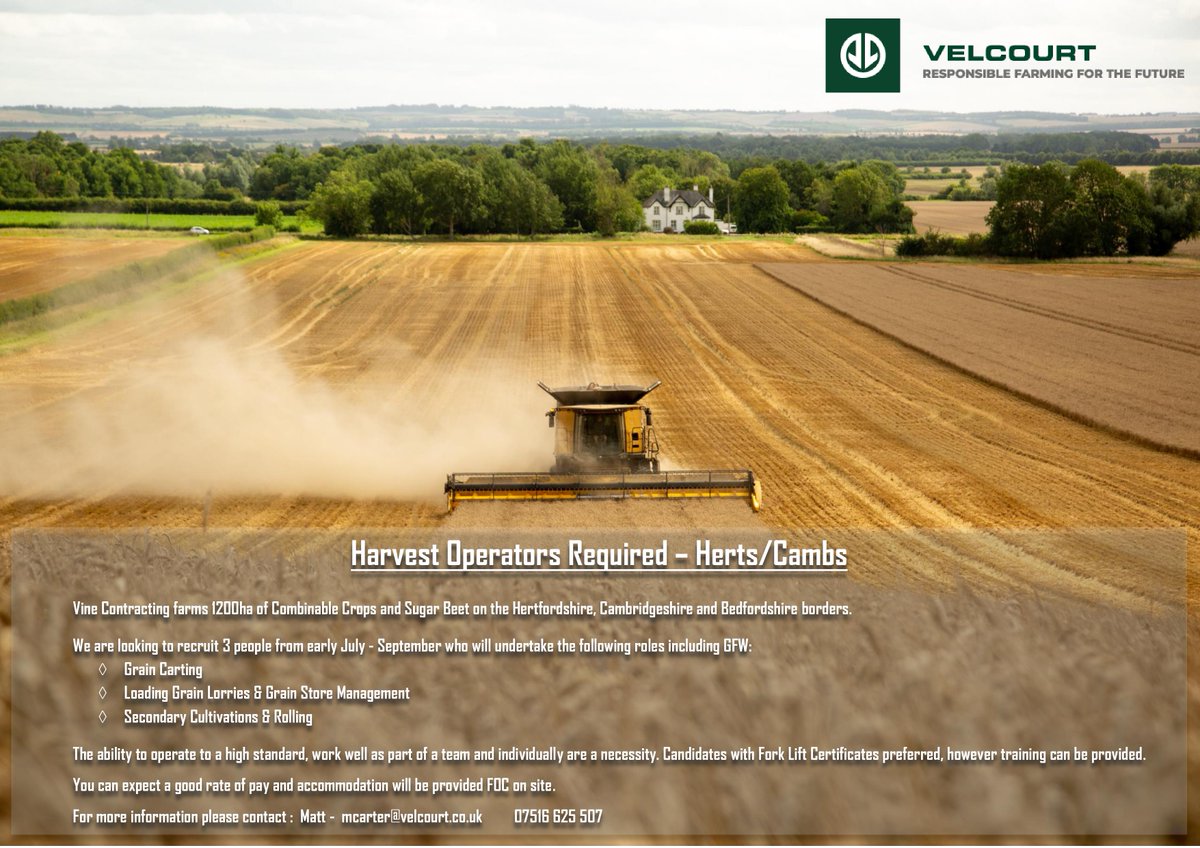 * X3 Harvest Operators required on the Cambs/Herts Border *

To gain an insight into working for Velcourt, take a watch of this - youtu.be/nhMkxSa23R4 

Please contact me at mcarter<a href="/velcourt/">Velcourt</a>.co.uk for any further information

@velcourt