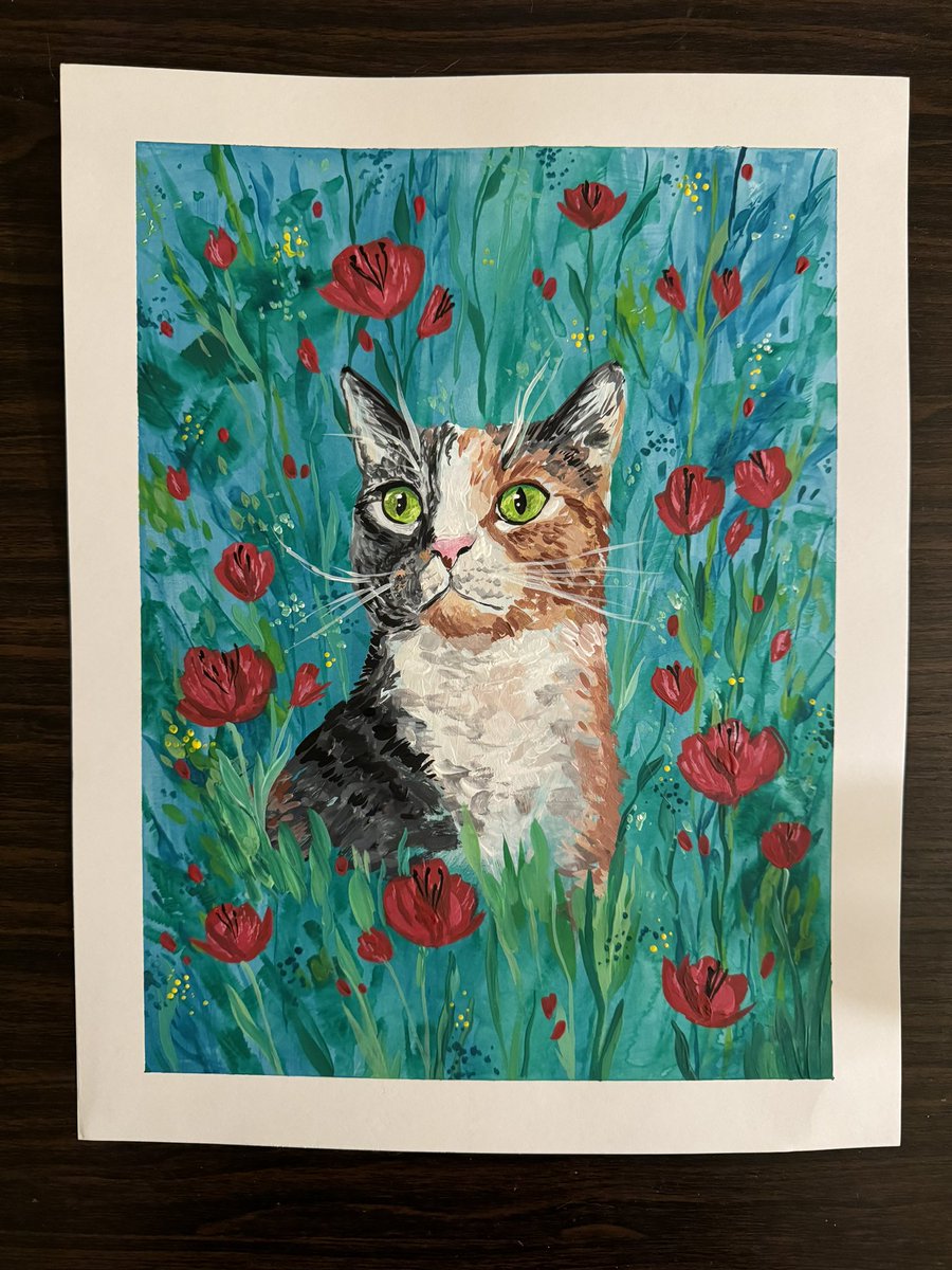 My first try at gouache!! This is a painting of my friend Sophie’s cat, Poppy, as a gift for watching my babies while I was on vacation. I’m pretty happy with the outcome!! 🐈🐈‍⬛🫶