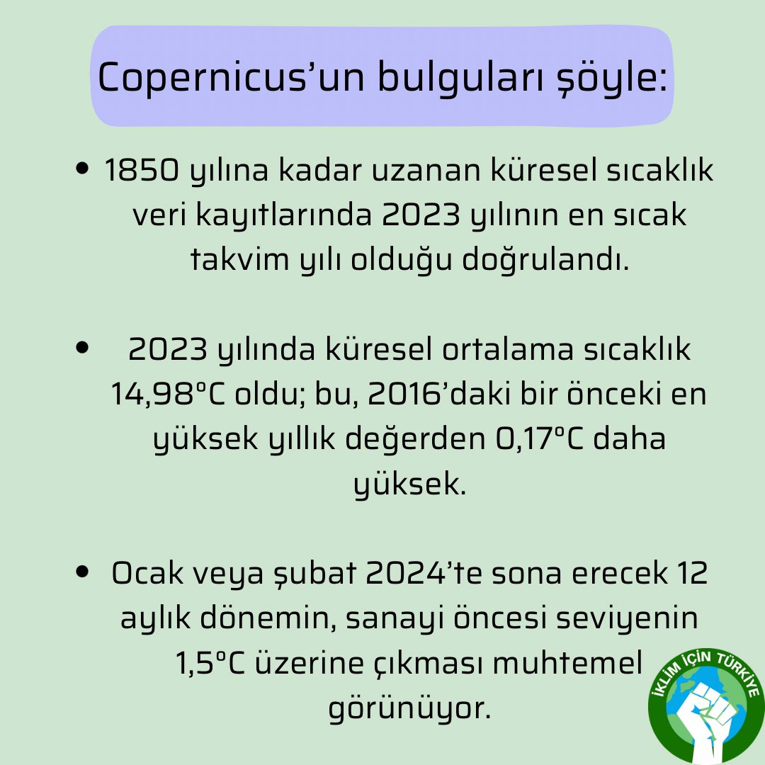 IklimTurkiye's tweet photo. 2023, 1850’den beri kayıtlara geçen en sıcak yıl olarak ilan edildi! ����🥵

Avrupa Birliği’nin Avrupa İklim Değişikliği Servisi Copernicus (C3S) “2023 Küresel İklim Bulguları”nı açıkladı. Copernicus,un bulgularından bazılarını sizler için derledik. 🌎
🔥

Kaynak: @yesilgazete https://t.co/JjP6kpPxn6