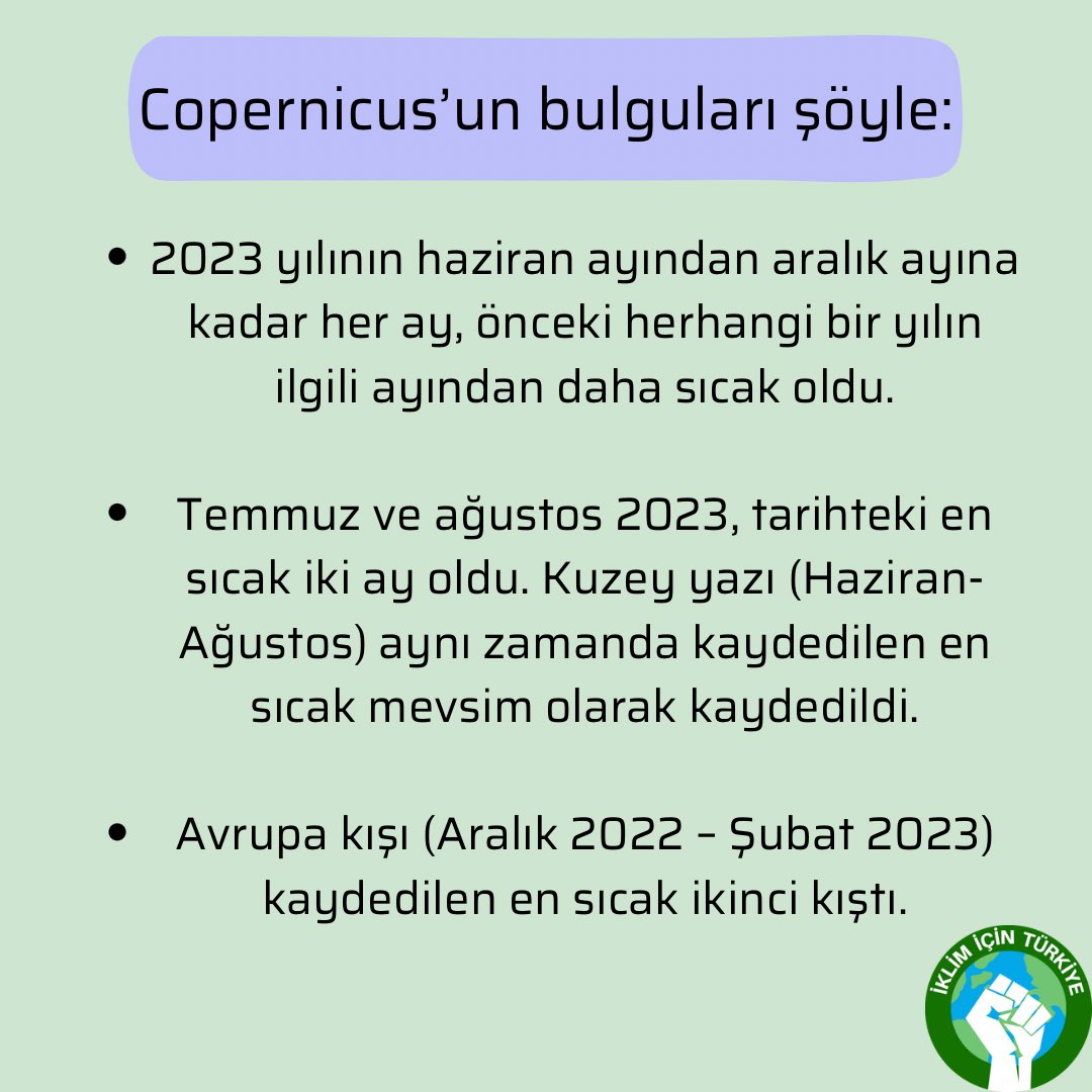 IklimTurkiye's tweet photo. 2023, 1850’den beri kayıtlara geçen en sıcak yıl olarak ilan edildi! ����🥵

Avrupa Birliği’nin Avrupa İklim Değişikliği Servisi Copernicus (C3S) “2023 Küresel İklim Bulguları”nı açıkladı. Copernicus,un bulgularından bazılarını sizler için derledik. 🌎
🔥

Kaynak: @yesilgazete https://t.co/JjP6kpPxn6