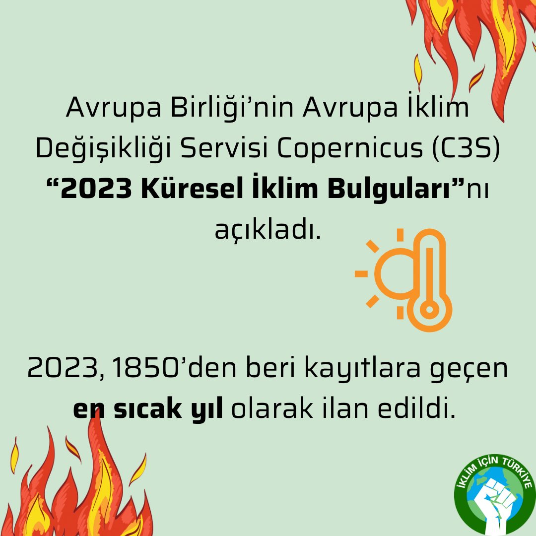 IklimTurkiye's tweet photo. 2023, 1850’den beri kayıtlara geçen en sıcak yıl olarak ilan edildi! ����🥵

Avrupa Birliği’nin Avrupa İklim Değişikliği Servisi Copernicus (C3S) “2023 Küresel İklim Bulguları”nı açıkladı. Copernicus,un bulgularından bazılarını sizler için derledik. 🌎
🔥

Kaynak: @yesilgazete https://t.co/JjP6kpPxn6