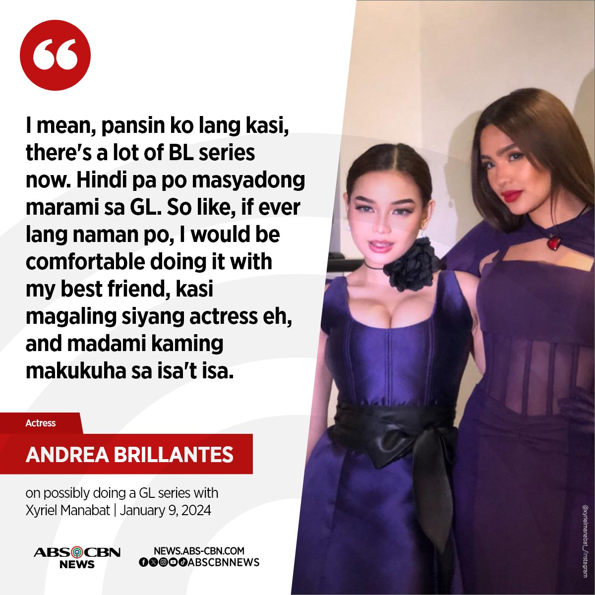 ABSCBNNews's tweet photo. Andrea Brillantes is game to be paired up with her "Senior High" co-star Xyriel Manabat in a girl's love series.

Read: https://t.co/daQE8cbq6o https://t.co/WYbG26Kit0