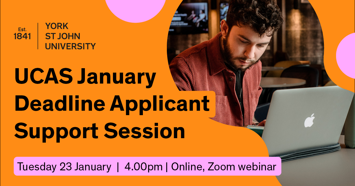 The January #UCAS deadline is pretty close now. 🗓️ Looking for some last minute advice? Or wondering what happens next.🤔 Join our Director of Student Recruitment and Admissions for a session explaining everything you need to know. ⬇️ yorksj.ac.uk/study/undergra…