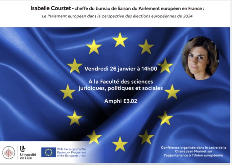 A. Potteau (@apotteau) on Twitter photo Conférence à destination des étudiants de la <a href="/FSJPS_Ulille/">FSJPS Ulille</a> :
Venez écouter et échanger avec la cheffe du bureau du Parlement européen en France, <a href="/isabelleCoustet/">Isabelle Coustet</a>, à l'approche des élections européennes.
<a href="/_ElsaBernard/">Elsa Bernard</a> <a href="/CRDP_univlille/">CRDP (ULR n°4487)</a> <a href="/Europarl_FR/">Parlement européen en France</a> Conférence à destination des étudiants de la <a href="/FSJPS_Ulille/">FSJPS Ulille</a> :
Venez écouter et échanger avec la cheffe du bureau du Parlement européen en France, <a href="/isabelleCoustet/">Isabelle Coustet</a>, à l'approche des élections européennes.
<a href="/_ElsaBernard/">Elsa Bernard</a> <a href="/CRDP_univlille/">CRDP (ULR n°4487)</a> <a href="/Europarl_FR/">Parlement européen en France</a>