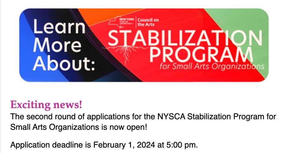 New York State Council on the Arts (NYSCA) announces applications for the NYSCA Stabilization Program for Small Arts Organizations will be accepted until 2/1, 5pm. NonPorfit arts orgs in the Finger Lakes, Southern Tier, Western Central New York - apply. l8r.it/Ebmg