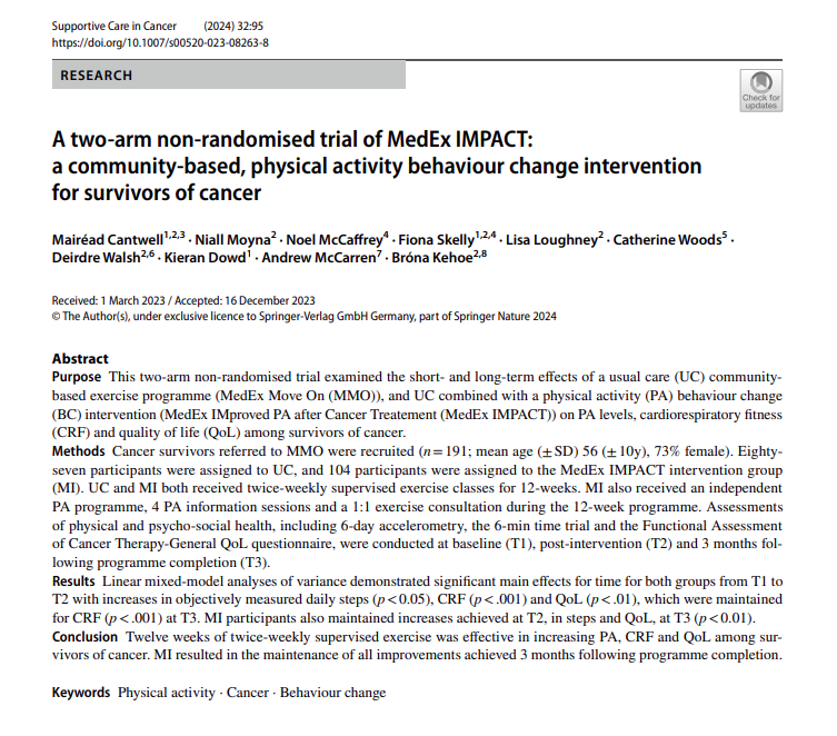 maireadcantwell's tweet image. Just published today🥳- so excited for the results of our trial reporting the effectiveness of community-based exercise for survivors of cancer to be out there! Hope you find it a good read! Please share - thanks so much😊link.springer.com/article/10.100…
