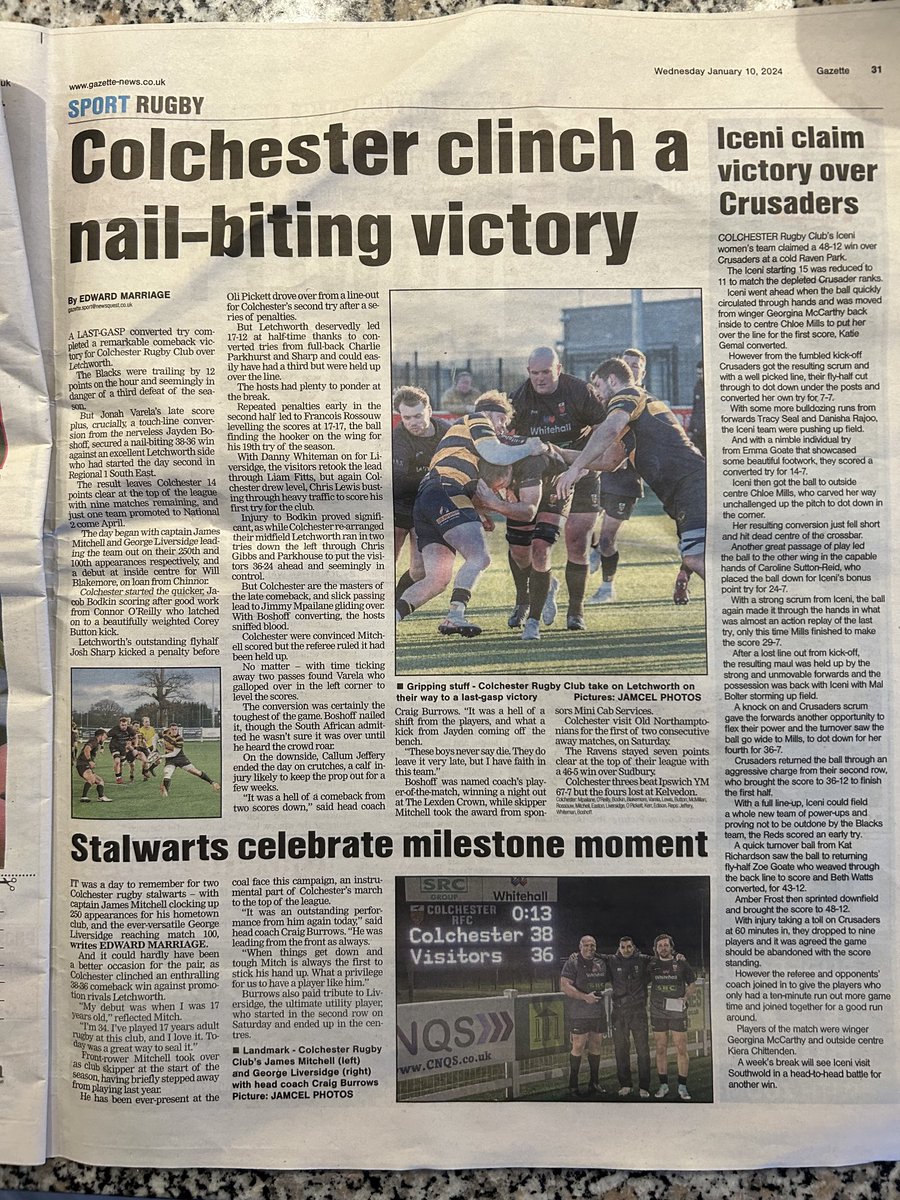 ColchesterRFC's tweet photo. Excellent coverage again from our friends at ⁦@TheGazette⁩ #SupportYourLocalNewspaper https://t.co/wACbOEm6II