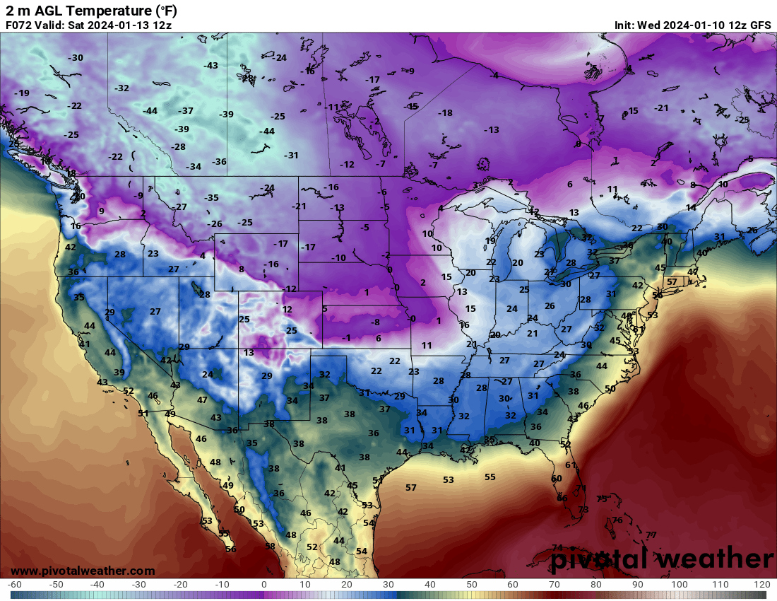 ericrice_wx's tweet photo. In addition, arctic air is being pulled down from Canada, resulting in frigid temperatures for majority of the US this weekend into next week.

Not to mention...possible Monday snow for the Mid-Atlantic...👀 https://t.co/Qy3BmTmsuj