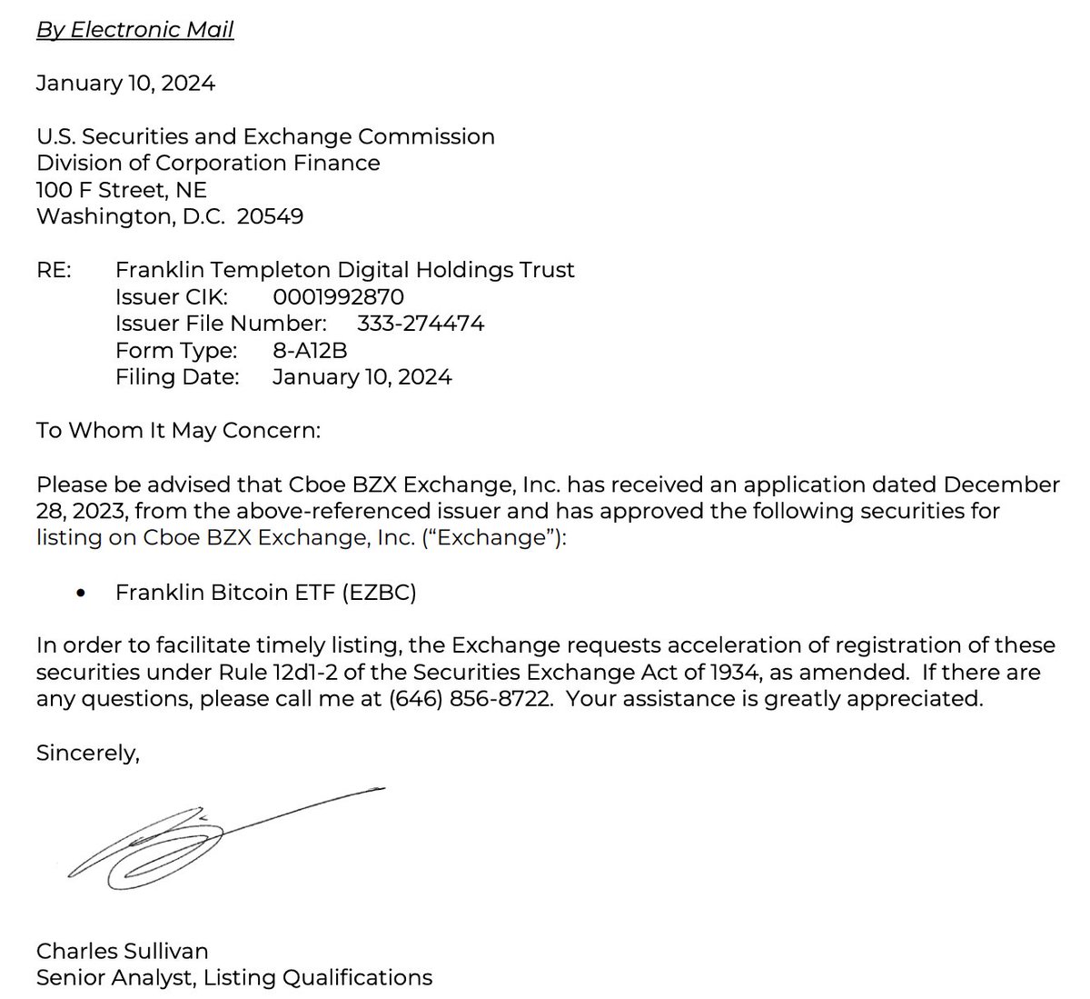 BitcoinMagazine's tweet photo. JUST IN: Cboe files request for acceleration with the SEC for Fidelity, VanEck, ARK 21Shares, and Franklin Templeton spot #Bitcoin ETFs  👀