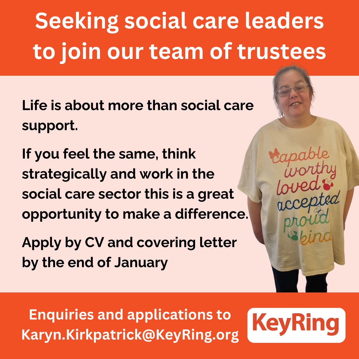 KeyRingLiving's tweet image. New year, new challenge? 
Join our trustee board. They're a welcoming bunch that are seeking someone currently working in social care to join them. Best suited to people who seek a better social care future. 
#SocialCareFuture #trustee #volunteer
