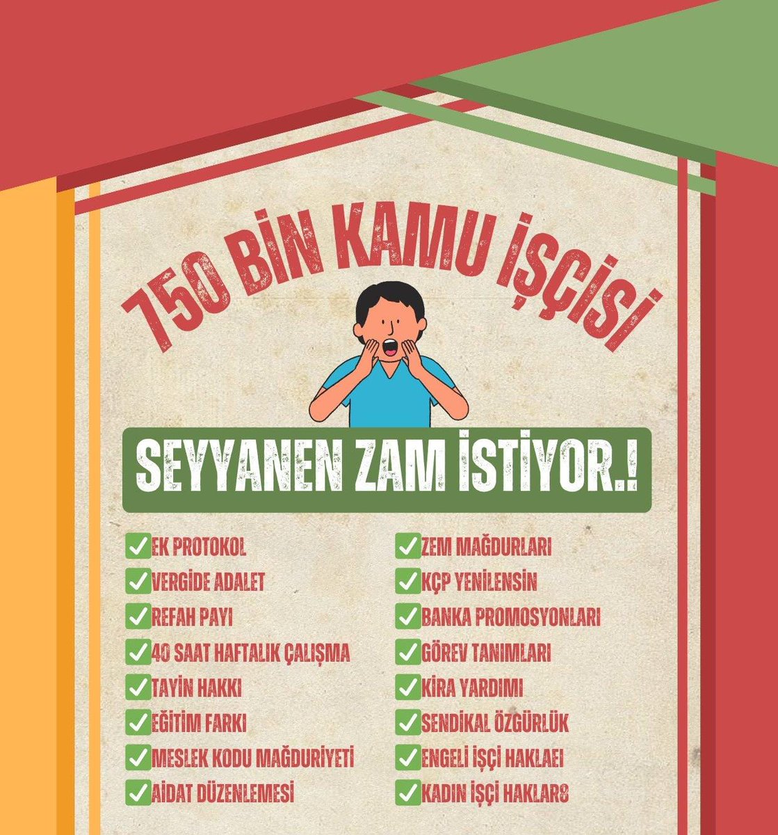4/D İŞÇİ TALEPLERİ
📍#derdinizderdimizdir
📍#seyyanenzam
📍Ek Protokol
📍Refah payı
📍Aidat düzenlemesi
💥 MESLEK KODU MAĞDURİYETİ Düzenlemesi ve görevinden geri çekilenlerin döndürülmesi
💥Tayin hakkı
📍Eğitim Farkı
💥Zorunlu Emekli edilenlerin İşe iadesi
📍Aidat düzenlenmesi