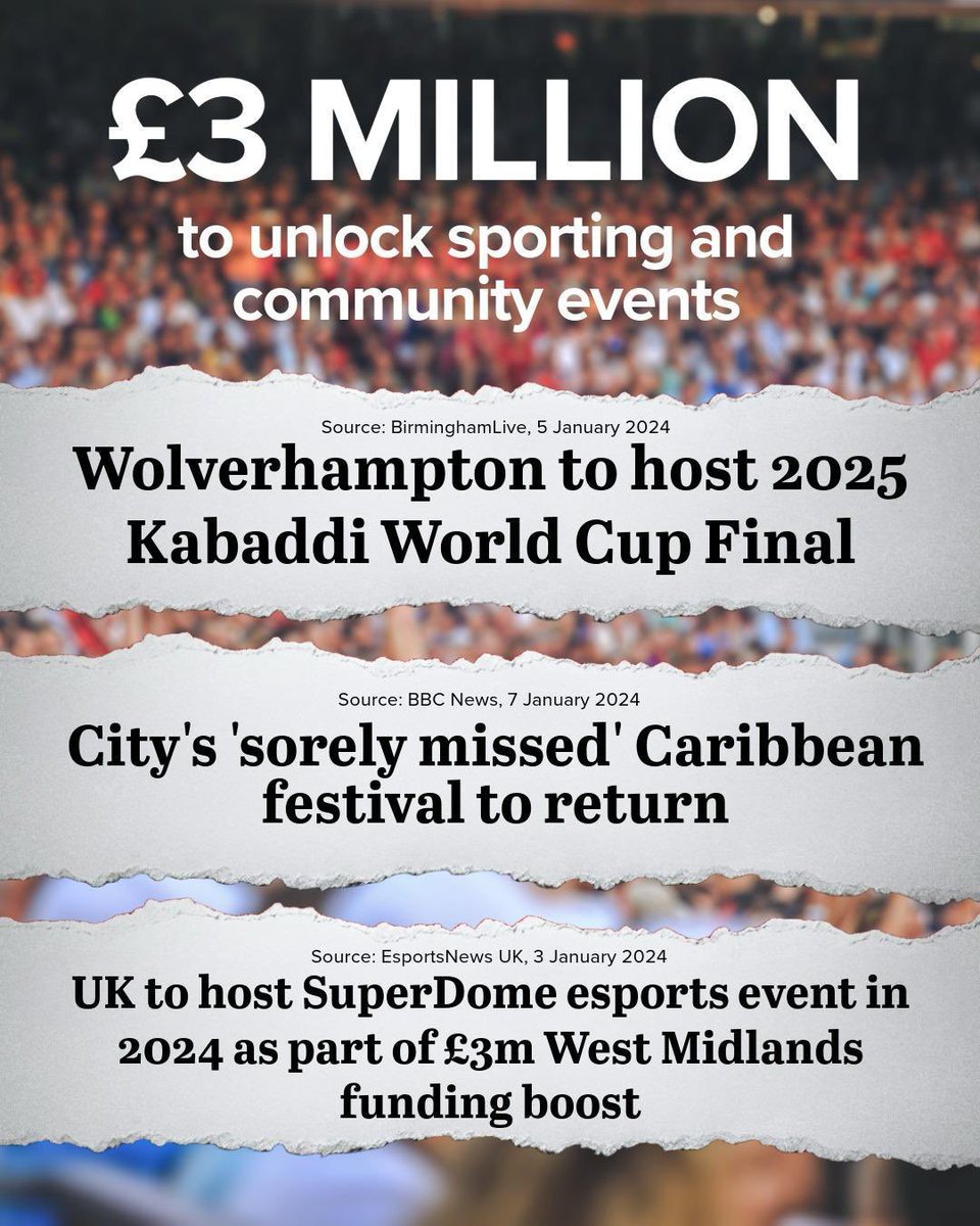 Thanks to the Games’ £70m underspend we’re bringing more world class sport & community celebrations to all corners of the West MIdlands ✅ This year & next we’ll welcome hundreds of thousands of visitors, performers & competitors to the WM - creating jobs & boosting business 👏🏻