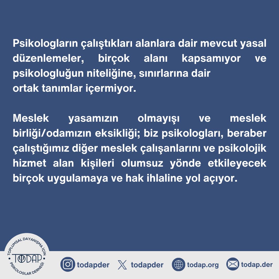 todapder's tweet photo. Neden Meslek Yasası İstiyoruz?

Meslek yasamızın olmayışı ve meslek birliği/odamızın eksikliği; bizleri, beraber çalıştığımız diğer meslek çalışanlarını ve psikolojik hizmet alan kişileri olumsuz etkileyecek uygulamalara, hak ihlallerine yol açıyor.

#NedenMeslekYasası https://t.co/3U8Yk88IVP
