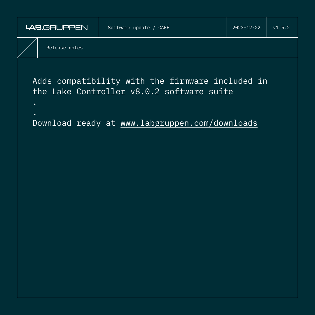 lakeprocessing's tweet photo. New software update! CAFÉ v1.5.2
Adds compatibility with the firmware included in the Lake Controller v8.0.2 software suite.

Download ready at https://t.co/xbEbXmmVSO.

Get the latest updates to your inbox, and sign up for our newsletter at https://t.co/DljGpCl3XO. https://t.co/fTVXhyuuMS