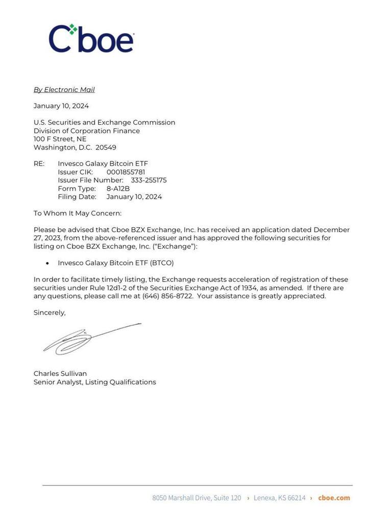 👀 CBOE says it has received and approved Invesco’s application to list its Invesco Galaxy Bitcoin ETF (BTCO) on its platform.
