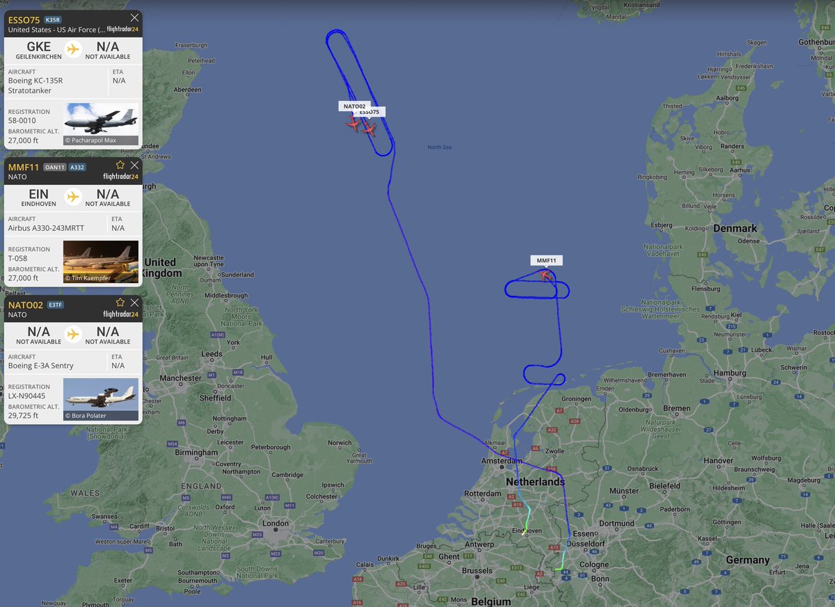 alternativewip's tweet photo. #USAF #NATO KC-135R / E3 sentry awacs circling over the north sea, potential AAR, departures from geilenkirchen. #GKE #ESSO75 #NATO02
#RNAF #NATO A330 MRTT operated by the royal netherlands air force also in the area and over the north sea, departure from eindhoven. #EIN #MMF11 https://t.co/wImaUGfxcg