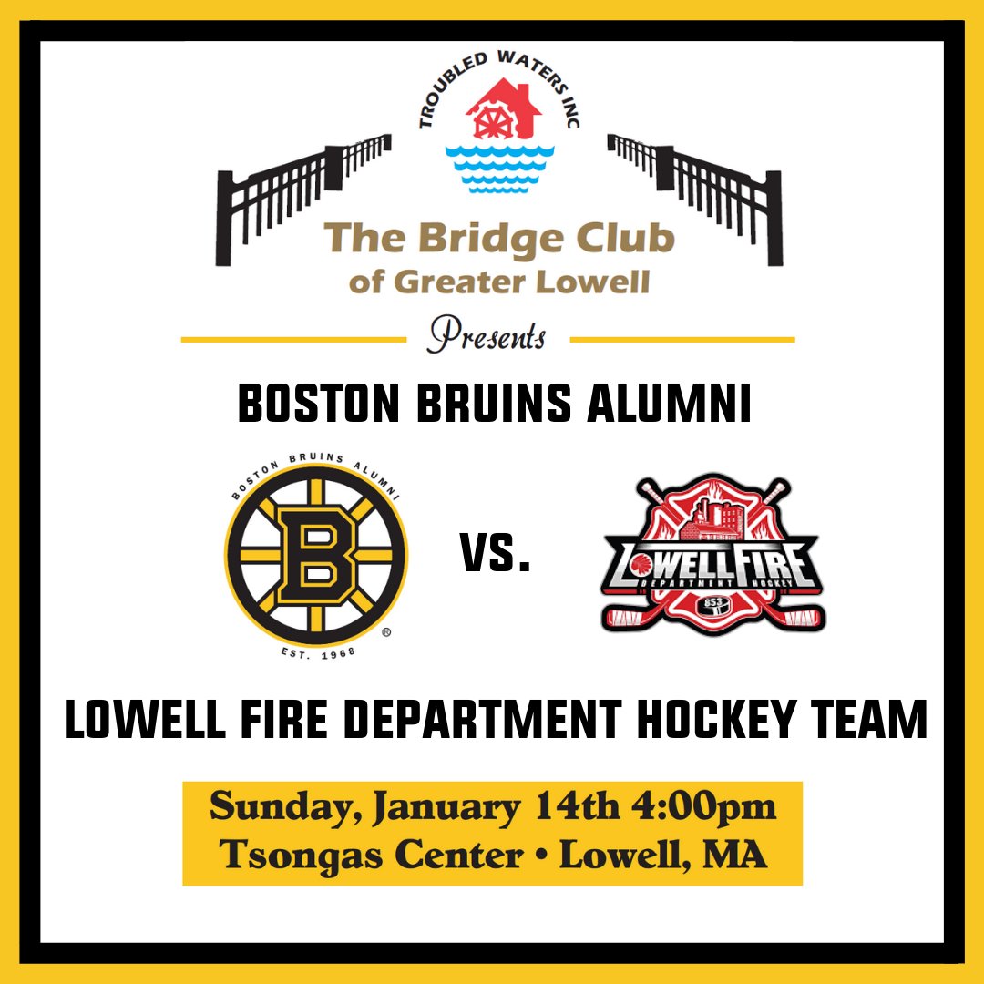 We are just 4 days away from The Bridge Club of Greater Lowell hosting its annual Bruins Alumni game vs. Lowell Fire Hockey! Grab your 🎫 today! tsongascenter.evenue.net/event/TC23/TC2…