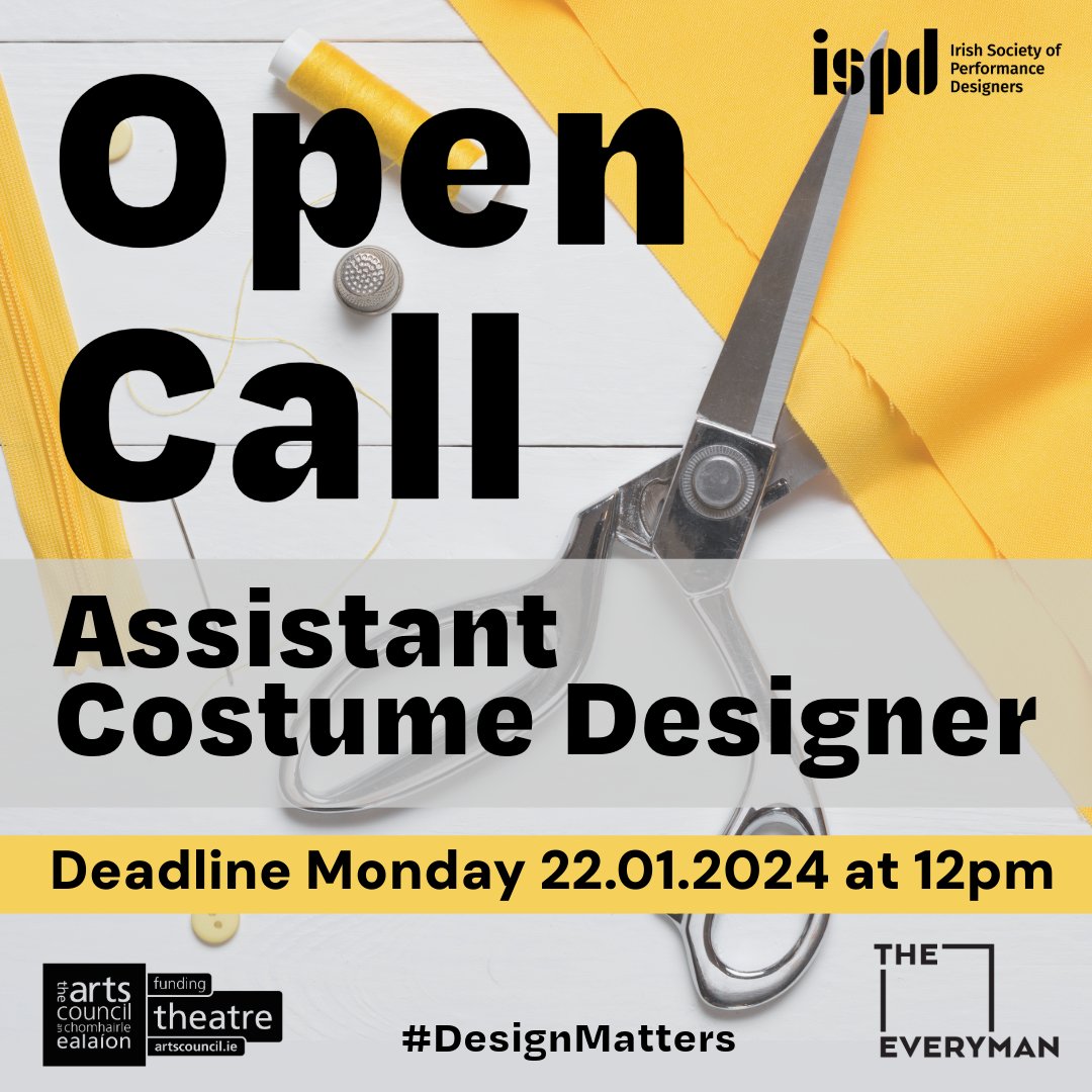 📣 Delighted to announce this Assistant Costume Designer opportunity with Catherine Fay for @EverymanCork's upcoming production of GATMAN! a new play by Tadhg Hickey, directed by Sophie Motley.

Funded by @artscouncil_ie 

ℹ️ ispd.ie/open-call-assi…

#DesignMatters #ArtsIreland