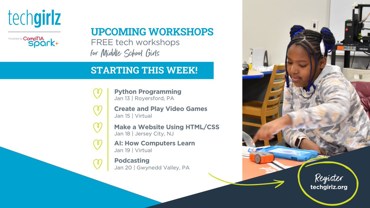 Join us for these amazing FREE workshops designed to empower and inspire middle school girls in the world of #tech ✨ 🚀 Open to middle school girls, including those who identify as girls 👩‍💻 🔗 bit.ly/3TA33RX #DigitalFluency #computerscience