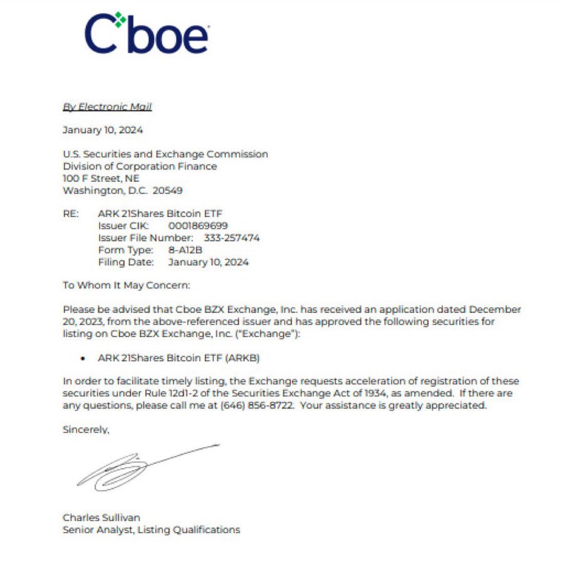 BitcoinArchive's tweet photo. BREAKING‼️ CBOE has lodged a "request for acceleration" to list 4 #Bitcoin ETFs by tomorrow. https://t.co/op5m38eruy