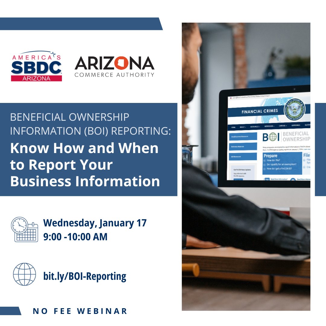 SBDCSV's tweet image. 📢 Join our webinar on 1/17/2024 📅

Gain insights into the upcoming U.S. business reporting changes determine if your business needs to report, &amp;amp; learn the precise steps to ensure compliance.

Register now 👉 bit.ly/BOI-Reporting