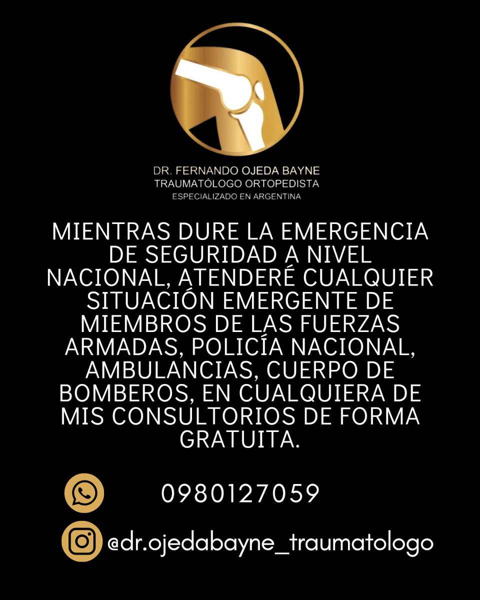 fojedabayne's tweet photo. Mientras dure la emergencia de seguridad a nivel nacional atenderé cualquier situación emergente de miembros de las @FFAAECUADOR , @PoliciaEcuador , Ambulancias @ECU911_ , @BomberosGYE  en cualquiera de mis consultorios de forma gratuita.
@DanielNoboaOk 
Celular: 0980127059 https://t.co/VkfEHfJwge