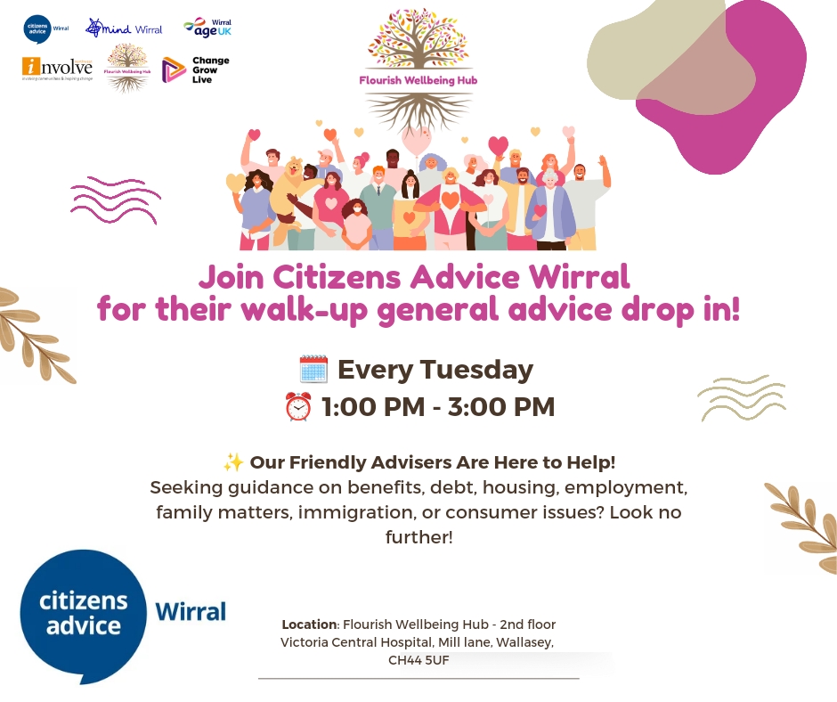 Our partner @WirralCAN is running another drop in #advice service at Flourish #Wellbeing Hub 👇
Join us during our walk-up hours, where our dedicated, friendly advisers are ready to assist you with a smile.
Every Tuesday from 1-3pm for Walk-Up General Advice!
#FreeAdvice #wirral