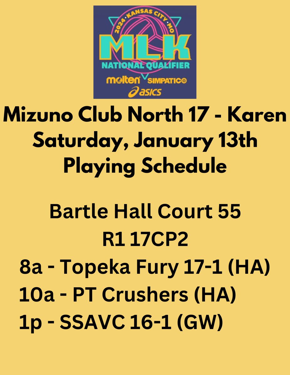 KC MLK Tournament 2024, January 13-15 @ Kansas City Convention Center.
This team is ready to compete and we’re excited to get started!!! Come watch us play on Saturday. ❤️🏐🖤 #mizunoclubnorth