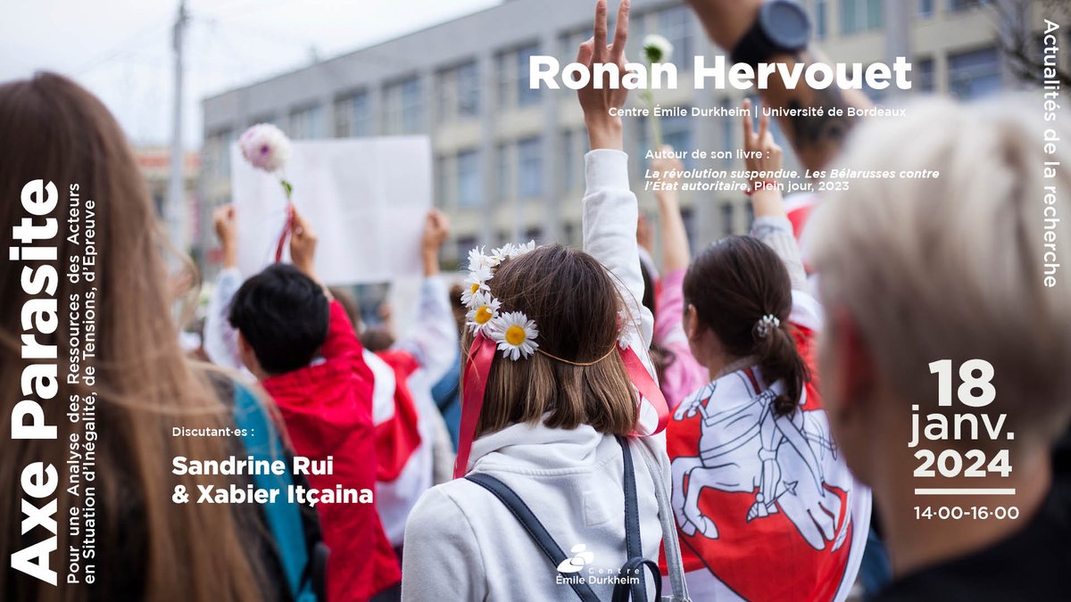 Centre Émile Durkheim @cedurkheim.bsky.social (@cedurkheim) on Twitter photo //SAVE THE DATE//
📆18/01
Ronan Hervouet <a href="/CEDurkheim/">Centre Émile Durkheim @cedurkheim.bsky.social</a> <a href="/univbordeaux/">Université de Bordeaux</a>, autour de son 📚:
💬La révolution suspendue : Les Bélarusses contre l’État autoritaire
Plein jour (Proche Europe) ©2023
Discussion : Xabier Itçaina & Sandrine Rui
urlz.fr/pdo9 //SAVE THE DATE//
📆18/01
Ronan Hervouet <a href="/CEDurkheim/">Centre Émile Durkheim @cedurkheim.bsky.social</a> <a href="/univbordeaux/">Université de Bordeaux</a>, autour de son 📚:
💬La révolution suspendue : Les Bélarusses contre l’État autoritaire
Plein jour (Proche Europe) ©2023
Discussion : Xabier Itçaina & Sandrine Rui
urlz.fr/pdo9