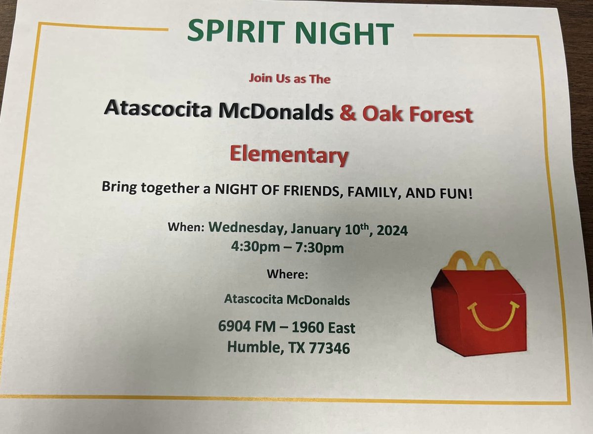 ForestPta's tweet photo. Tonight!! See ya there! Drive through purchases also contribute to our school! @HumbleISD_OFE @OFE_WatchDOGS https://t.co/CadmCZYTNO