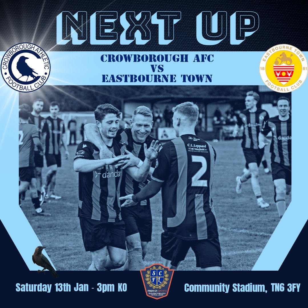 CrowboroughAFC's tweet photo. ⚪️NEXT UP🔵
They're coming thick and fast! Join us to support the lads against @eastbournetfc in our 1st home game of 2024. 

📅 13th Jan
⏰️ 3pm KO
🏟 Community Stadium, TN6 3FY 
⚽️ SCFL
🎫 Adults £8/Cons £5/U18 £1

@TheSCFL @NonLeagueFix @CrowboroughReTw @SportSussex https://t.co/eodJYT94Pm
