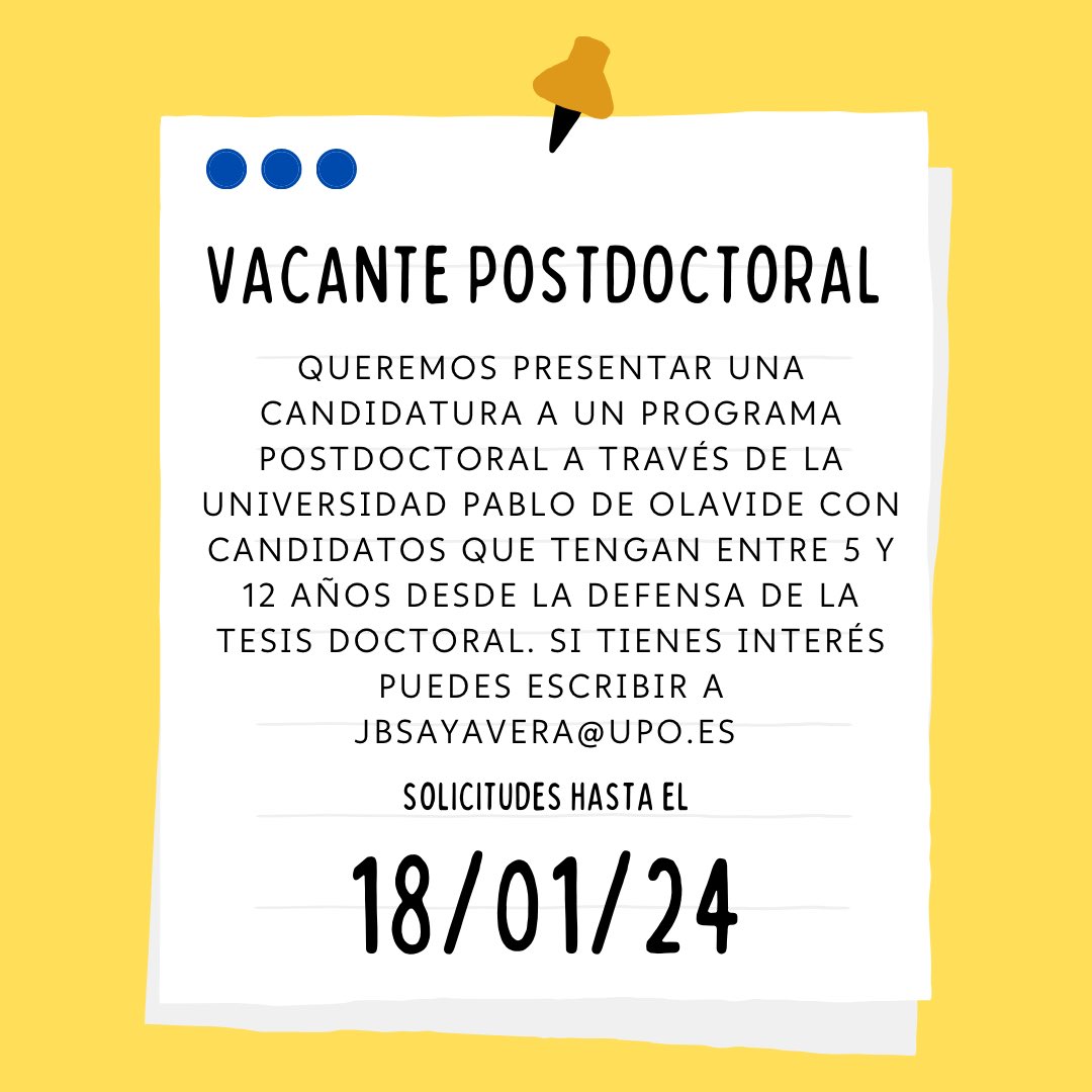 🟡VACANTE POSTDOCTORAL 🔵

Si tienes interés en el Area de Educación Física y Deportiva y cuentas con un CV competitivo, te podrás unir a nuestras líneas de investigación sobre actividad física en la infancia y adolescencia. Si reúnes requisitos, puede ser tu oportunidad.