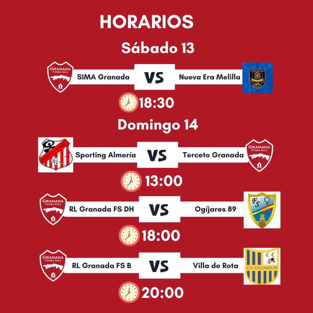 GranadaFS's tweet photo. HORARIOS | Esto son los horarios para la primera jornada liguera del 2024. #SIMAGranadaFS #TercetoGranadaFS #RLGranadaFSFemenino #SIMA #Terceto #RLFisioterapia #PilarTocina #CIVICA #MotorDos #AyuntamientoGranada #DiputacionGranada #FundacionCajaRural #FundacionLaCaixa https://t.co/pUqKC4BEA2