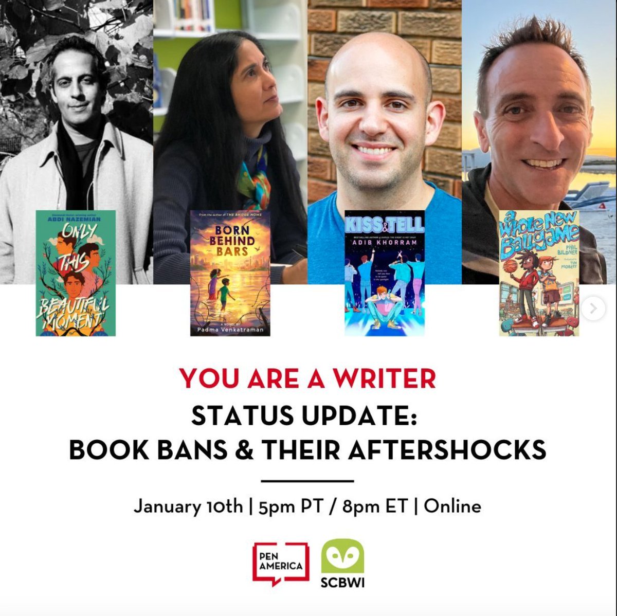Honored to be invited by @PENamerica & @scbwi 

Join me #AdibKhorram #AbdiNazemian @PhilBildner for this free webinar
Tonight
Wed 10 Jan 10
8 pm Eastern
#firstamendment #teachers #librarians #bibliophile #Bookworm #banned #books #PENAmerica #SCBWI #bookish
pen.org/event/you-are-…