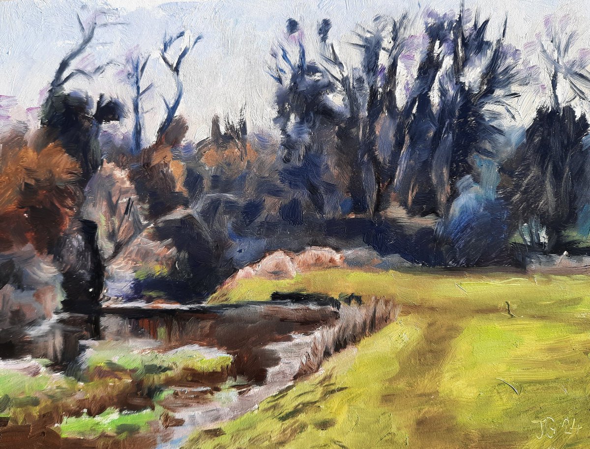A two and half hour painting of the stream in Hughenden Park this afternoon.  Nice winter sun and didn't seem as cold as Saturday. Oil on gesso panel, 18 x 24 cm. 
#hughenden #hughendenpark #chilternsaonb #oilpainting #landscapeoilpainting #pleinairpainting #WINTER