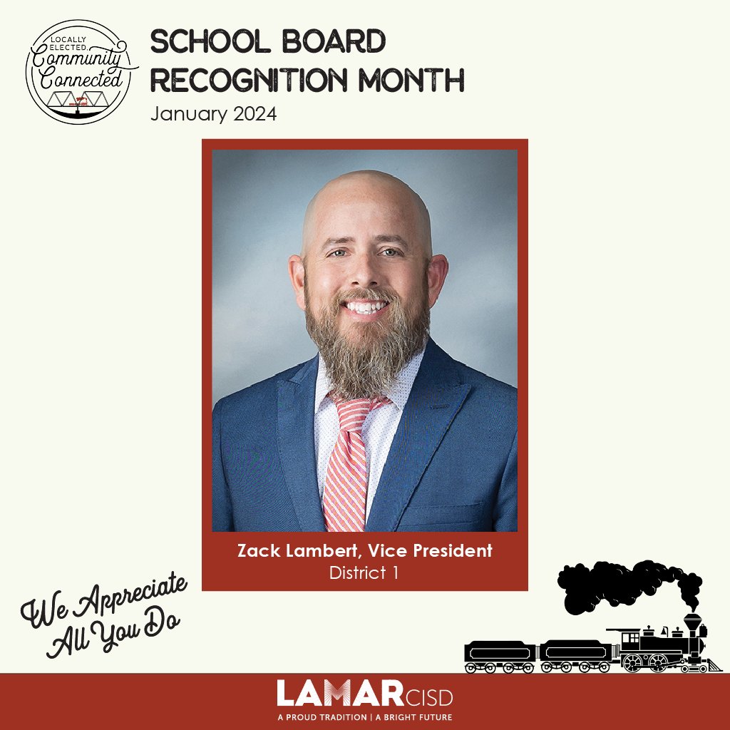 LamarCISD's tweet photo. Meet #LamarCISDBoard Vice President Zach Lambert 🍎

He loves to eat at Karlito’s, sipping ☕️ at Blockhouse Coffee, and enjoys designing furniture. 

His advice to students is, "Join that club and try out for that team. Don’t rush to grow up.”

#SchoolBoardRecognitionMonth https://t.co/irqeOJrJ0y
