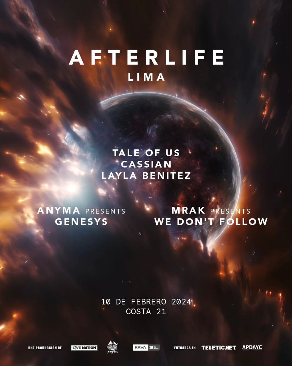 ¡Llegó el line up de Afterlife! 💥Para su debut en Lima el 10 de febrero, Tale Of Us ha reunido una alineación dinámica y única de artistas, garantizando un evento sin igual 🤩🙌para disfrutar de esta sensorial noche 🌑⚡️🎧 🎫 Entradas por nuestra web 👉🏼 tinyurl.com/4tc5s66t