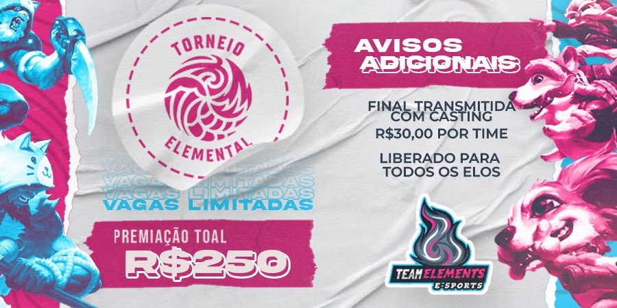 TeamElementsbr's tweet photo. TORNEIO ELEMENTAL DE VOLTA 🔥💧🌱

Mais de 30 vagas liberadas para você e suas equipe❗️

A competição é ✨FREE ELO✨ 

Vocês jogam, se divertem e ainda podem ganhar até R$250,00 🤑

Os jogos vão acontecer do dia
23/01 - 28/01📆

Com transmissão no dia 28 mas isso eu falo depois😁 https://t.co/qcsNeBs9cy