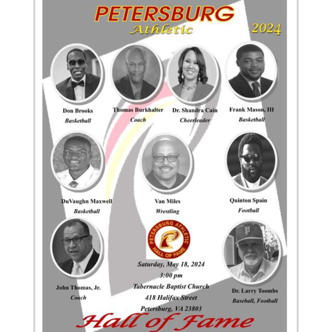 The Petersburg Athletics 🏈🏀⚾🤼📣 Hall of Fame banquet will be on May 18, 2024, at 3:00 pm at Tabernacle Baptist Church. 🎟️Tickets are $50, and sales begin TODAY, January 10th, at 9:00 am at Petersburg HS with the bookkeeper.