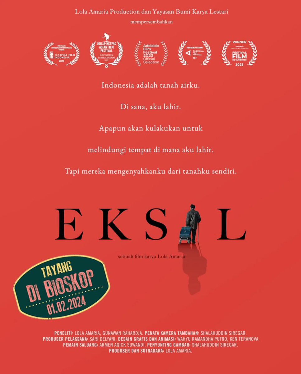 HabisNontonFilm's tweet photo. EKSIL (THE EXILES) karya Lola Amaria. Tayang limited di bioskop 1 Februari 2024!

Kisah para eksil yg terdampar dan tak bisa pulang ke Indonesia, pasca peristiwa Gerakan 30 September.

Film Terbaik JAFF 2022. Dokumenter Panjang Terbaik FFI 2023 &amp; Festival Film Dokumenter 2023. https://t.co/1iMkvRMcxP