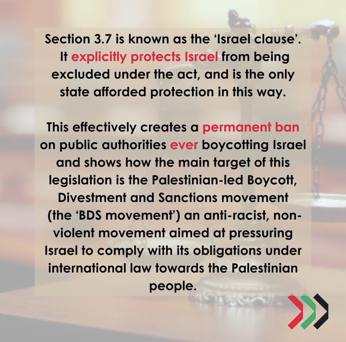 ICJPalestine's tweet photo. The anti-boycott bill is back in the House of Commons today for its third and final reading. There are so many things wrong with it but let’s talk quickly about Section 3.7.

When this bill was introduced back in June, we said that S3.7 was so dangerous because it’s permanent. https://t.co/Jk4oTnlT0v