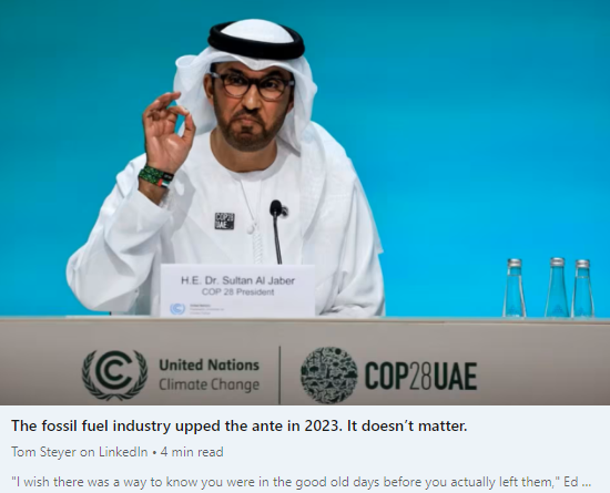 The fossil fuel industry upped the ante in 2023. Market dynamics, consumer behavior, and shifting incentives means that doesn't matter. Read my take here: linkedin.com/pulse/fossil-f…