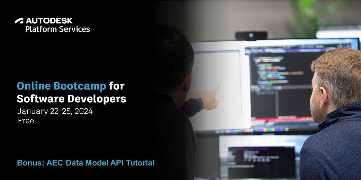 AutodeskAPS's tweet photo. Mark your calendars! Join us for the APS Online Bootcamp from Jan 22-25, 2024. 🌟 Expand your software development skills and unlock new opportunities with APS. Secure your spot and get access to a bonus session on AEC Data Model API. Sign up now: https://t.co/TI5xV5pzrz https://t.co/5qoLPV12hr