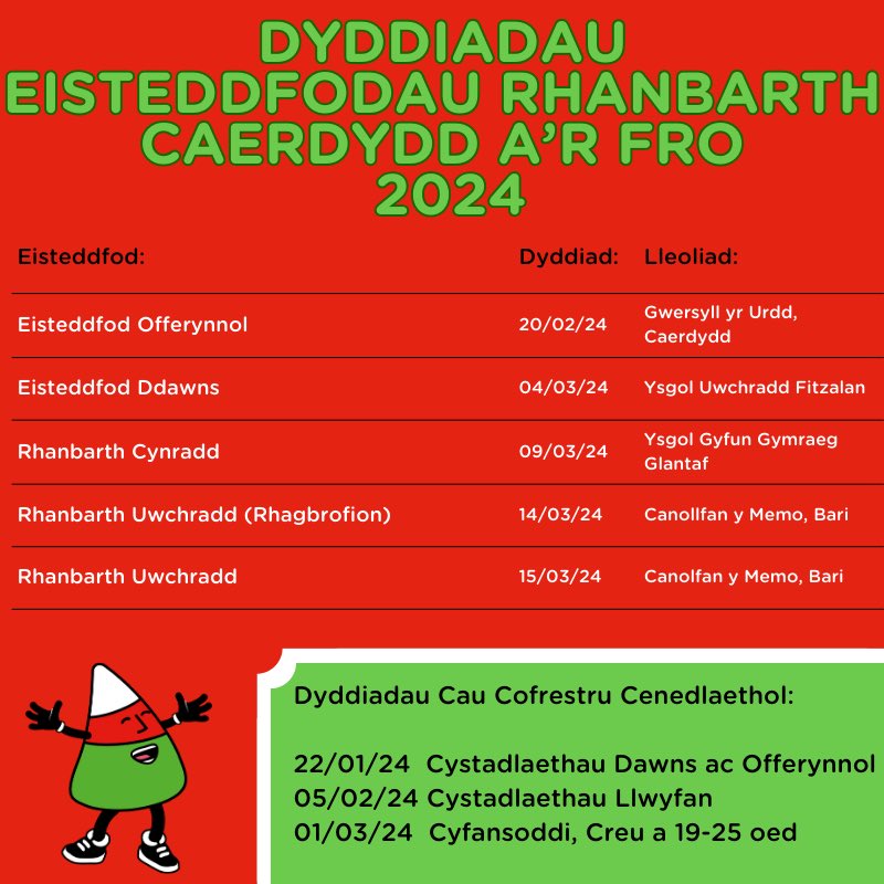 ‼️Dyddiadau Pwysig i gadw yn eich dyddiadur‼️

Eisteddfodau Cylch a Rhanbarth Caerdydd a’r Fro 2024 

🌟 POB LWC 🌟
