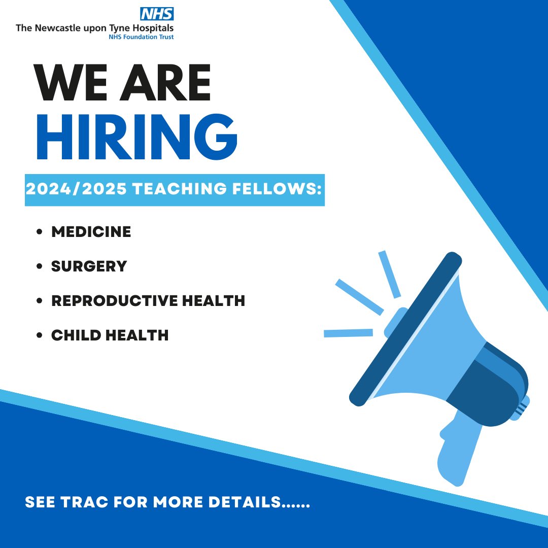 WE ARE HIRING 🎉🎉 The UG team are hiring our next cohort of 2024/2025 Teaching Fellows. Over the next few days watch out of our Twitter feed to see what a TF life is like @NewcastleHosps See Trac for details! @nhsfyp