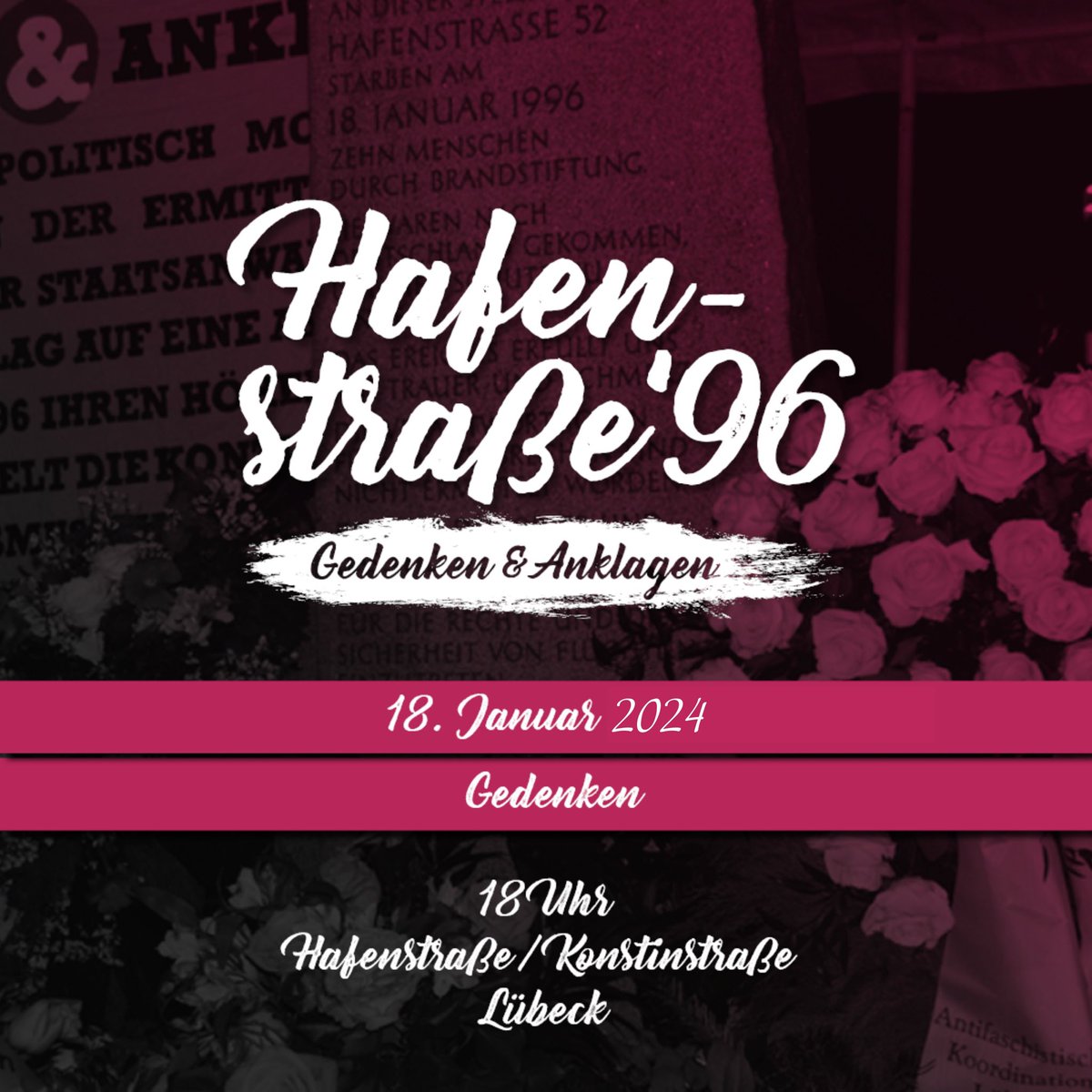 Der rassistische Brandanschlag in Lübeck von 1996 jährt sich am 18. Januar. Darum treffen wir uns 28 Jahre später an dem Ort des Geschehens. In der Hafenstraße gedenken wir der Menschen, die ermordet wurden. 
#Lübeck #HafenstraßenMordUnvergessen #Hafenstraße96