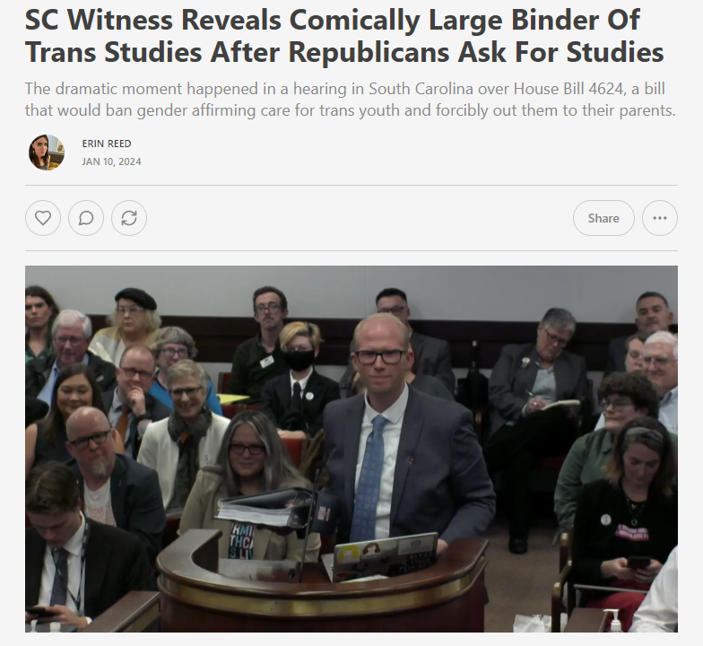 ErinInTheMorn's tweet photo. 1. Yesterday, a dramatic scene unfolded in South Carolina during a gender affirming care ban hearing.

A Republican asked, "where are the studies?" incredulously. 

Phillip Ford pulled out a large binder, stating, "I have them right here."

Subscribe to support my work. https://t.co/8EbVrbo8gw