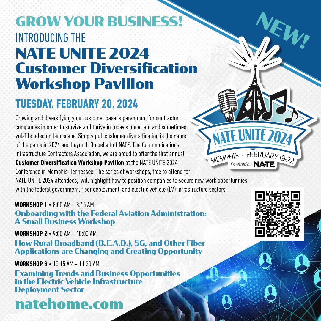 NATEsafety's tweet photo. Attend the FREE Customer Diversification Workshops on Tuesday, February 20, 2024, during #NATEUNITE2024 in Memphis, Tennessee. Grow and diversify your customer base and secure new work opportunities. Three sessions are available. #customerdiversification #workshop https://t.co/LRPzbTdN9N