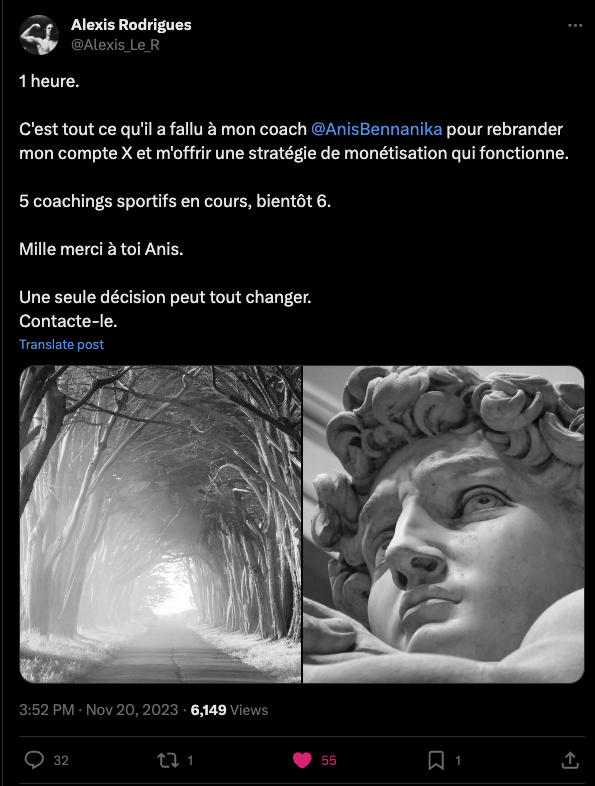 AnisBennanika's tweet photo. C'est la réouverture de mon programme de coaching

Du 10 janvier au 10 février.

Je ne prends que 10 personnes.

(Il ne reste que 9 places)

L'objectif :

5 heures de coaching pour vous permettre de monétiser votre audience.

• 1 heure : On fixe votre positionnement
• 2 heures : On crée votre offre
• 3 heures : On crée votre stratégie de contenu
• 4 heures : On crée votre contenu ensemble
• 5 heures : Je vous apprends à vendre en DM

Premier arrivé, premier servi :)

Dès que j'ai les 10 personnes, on ne pourra plus travailler avec moi ce mois-ci.

Donc, si tu es intéressé, envoie moi "Monétisation" en DM.

Quelques-uns des témoignages de mes anciens clients 👇